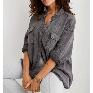 aerie Lumber Jane Waffle Knit Button Shirt Smoke Gray Large